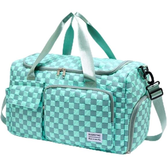 Handbags - Women Blue Checkered Small Gym Carry On Weekender Travel Shoe Compartment Bag